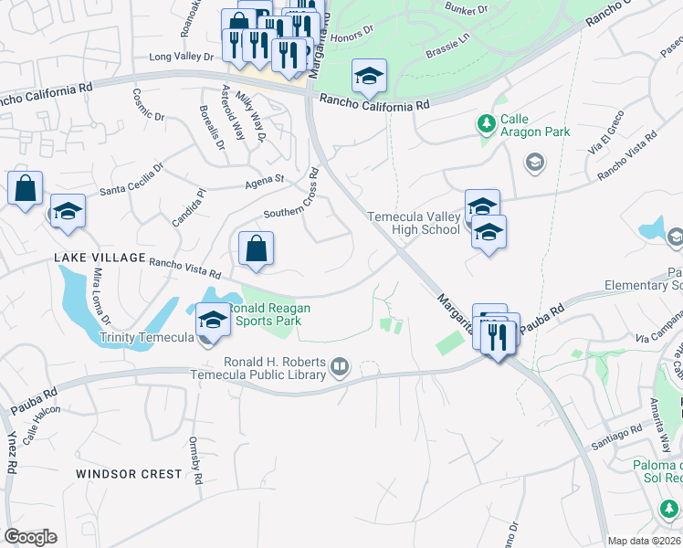 map of restaurants, bars, coffee shops, grocery stores, and more near 43046 Agena Street in Temecula