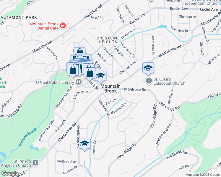 map of restaurants, bars, coffee shops, grocery stores, and more near in Mountain Brook