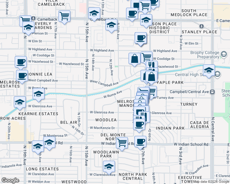 map of restaurants, bars, coffee shops, grocery stores, and more near 950 West Roma Avenue in Phoenix