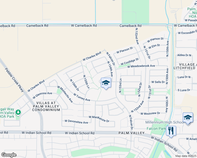 map of restaurants, bars, coffee shops, grocery stores, and more near 15492 West Campbell Avenue in Goodyear