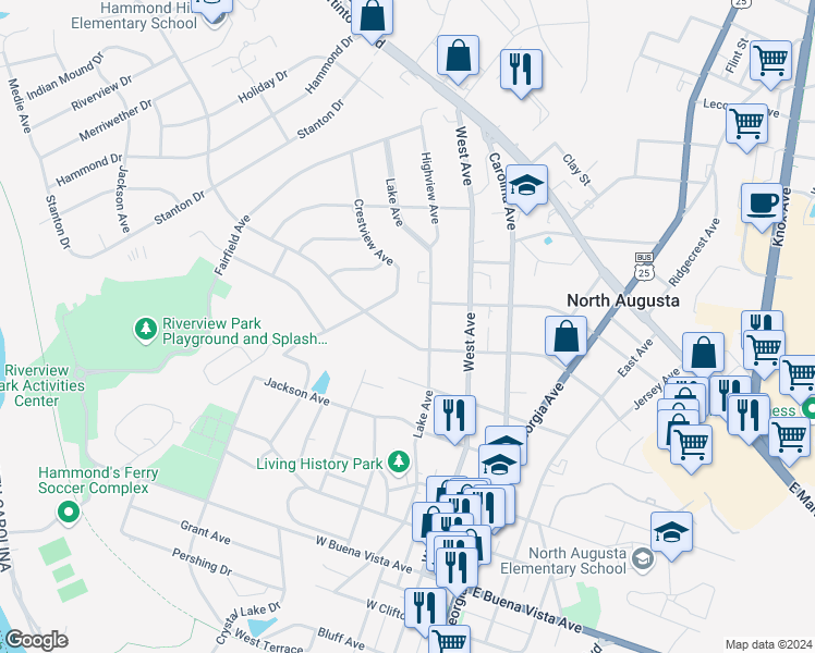 map of restaurants, bars, coffee shops, grocery stores, and more near 409 West Woodlawn Avenue in North Augusta