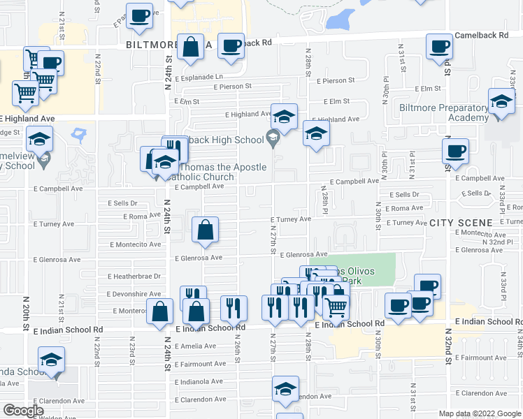 map of restaurants, bars, coffee shops, grocery stores, and more near 2629 East Roma Avenue in Phoenix