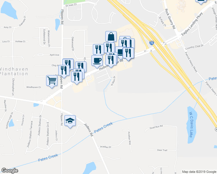 map of restaurants, bars, coffee shops, grocery stores, and more near 195 North Main Drive in Stockbridge