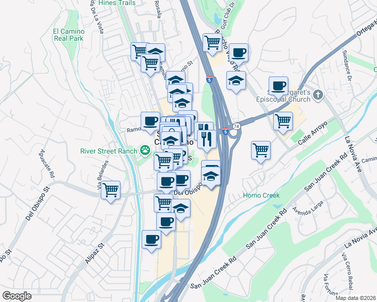 map of restaurants, bars, coffee shops, grocery stores, and more near 31806 El Camino Real in San Juan Capistrano