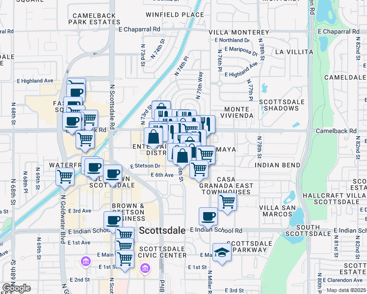 map of restaurants, bars, coffee shops, grocery stores, and more near 4421 North 75th Street in Scottsdale