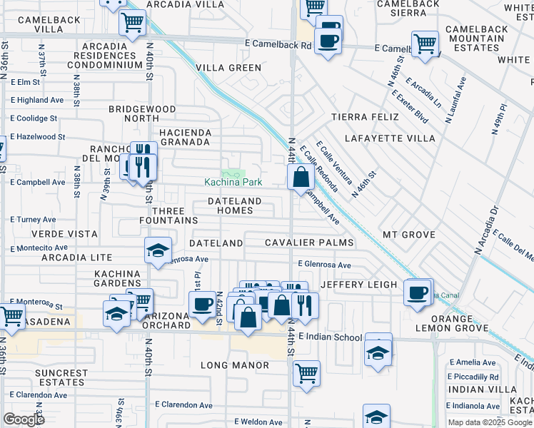 map of restaurants, bars, coffee shops, grocery stores, and more near 4308 East Roma Avenue in Phoenix