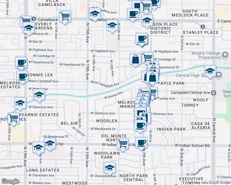 map of restaurants, bars, coffee shops, grocery stores, and more near 950 West Roma Avenue in Phoenix