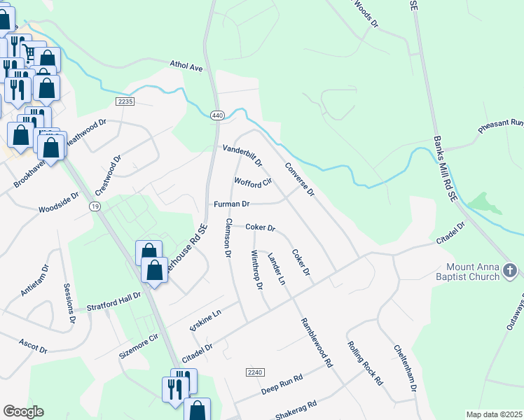 map of restaurants, bars, coffee shops, grocery stores, and more near 16 Furman Drive in Aiken