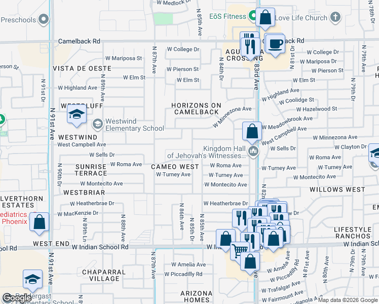 map of restaurants, bars, coffee shops, grocery stores, and more near 8515 West Sells Drive in Phoenix
