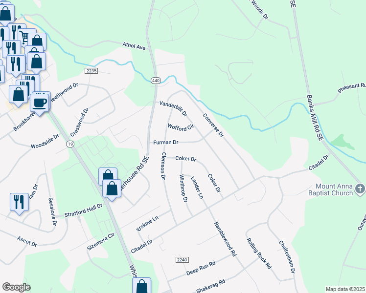 map of restaurants, bars, coffee shops, grocery stores, and more near 16 Furman Drive in Aiken