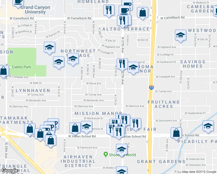 map of restaurants, bars, coffee shops, grocery stores, and more near 2744 West Roma Avenue in Phoenix