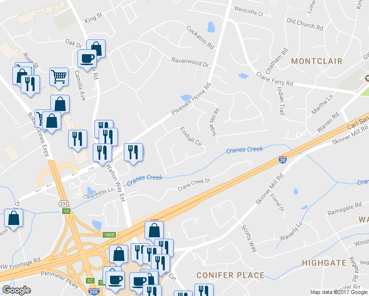 map of restaurants, bars, coffee shops, grocery stores, and more near 2301 Whetstone Court in Augusta