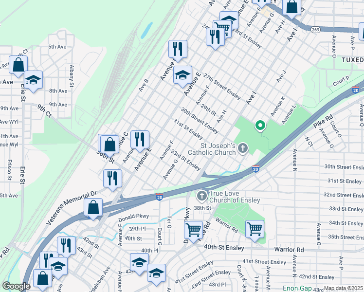 map of restaurants, bars, coffee shops, grocery stores, and more near 3204 Avenue G in Birmingham