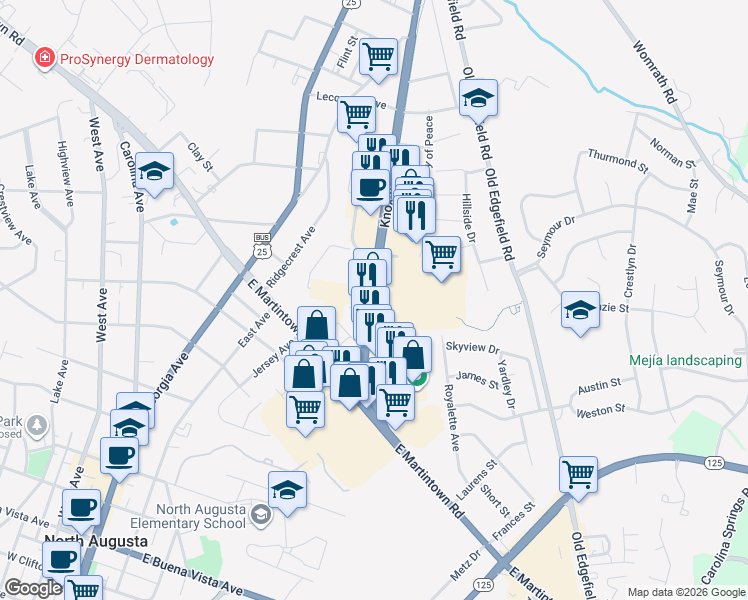 map of restaurants, bars, coffee shops, grocery stores, and more near 1207 Knox Avenue in North Augusta