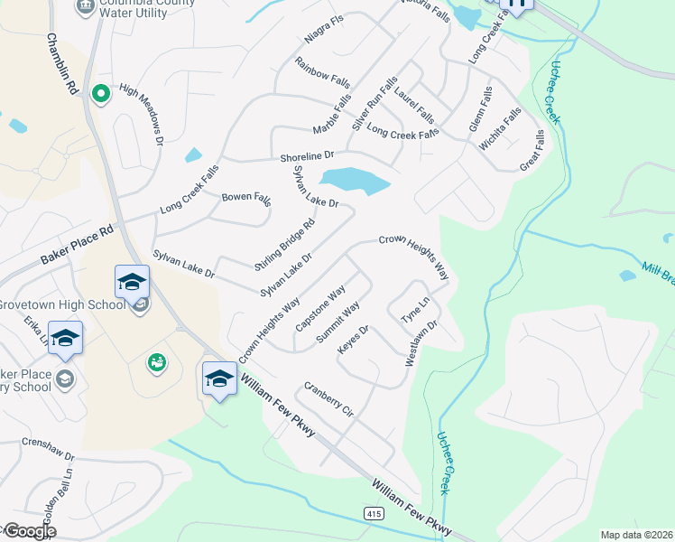 map of restaurants, bars, coffee shops, grocery stores, and more near 246 Crown Heights Way in Grovetown