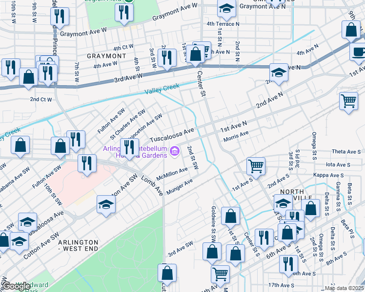 map of restaurants, bars, coffee shops, grocery stores, and more near 805 3rd Street Southwest in Birmingham
