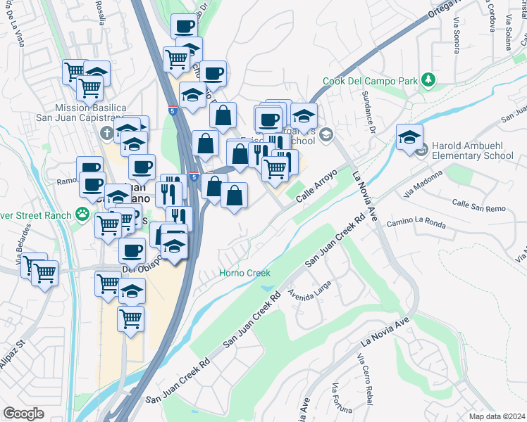 map of restaurants, bars, coffee shops, grocery stores, and more near 31741 Rancho Viejo Road in San Juan Capistrano