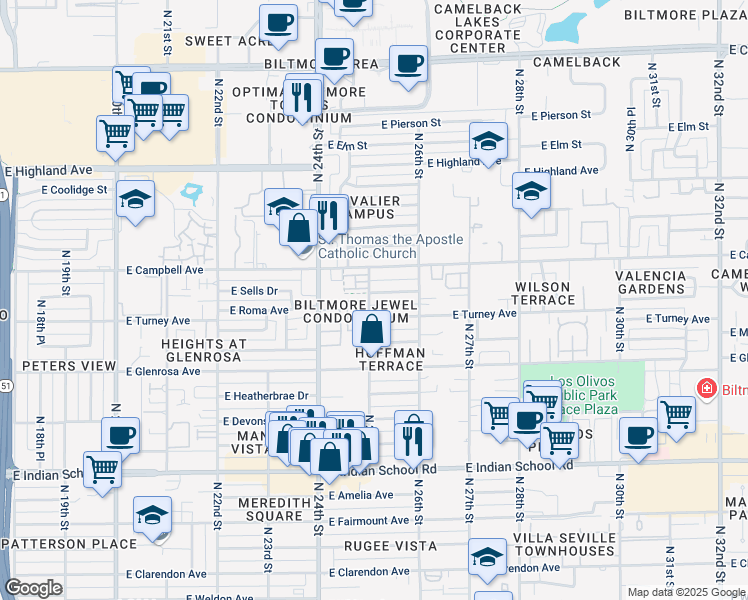 map of restaurants, bars, coffee shops, grocery stores, and more near 2513 East Roma Avenue in Phoenix