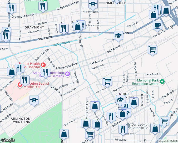 map of restaurants, bars, coffee shops, grocery stores, and more near 40 Center Street in Birmingham