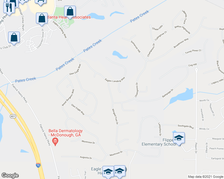 map of restaurants, bars, coffee shops, grocery stores, and more near 437 Winged Foot Drive in McDonough