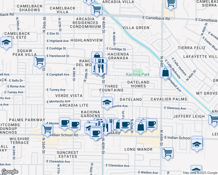 map of restaurants, bars, coffee shops, grocery stores, and more near 4401 North 40th Street in Phoenix