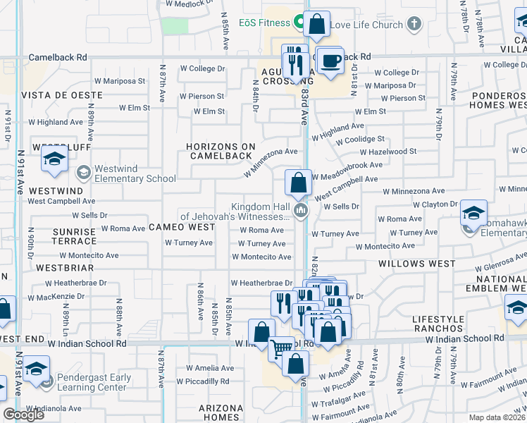 map of restaurants, bars, coffee shops, grocery stores, and more near 4435 North 84th Drive in Phoenix