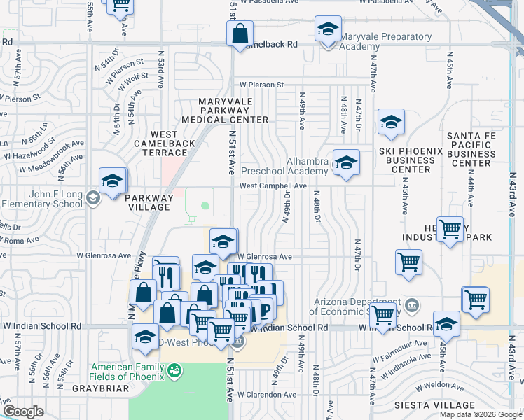 map of restaurants, bars, coffee shops, grocery stores, and more near 4423 North 50th Drive in Phoenix