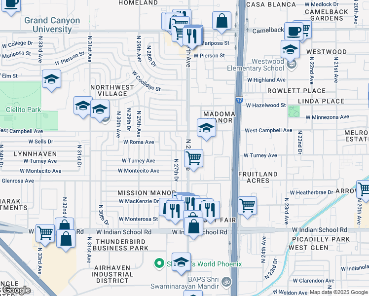 map of restaurants, bars, coffee shops, grocery stores, and more near 4426 North 27th Avenue in Phoenix