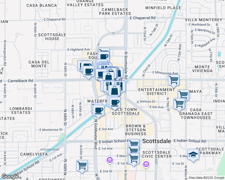 map of restaurants, bars, coffee shops, grocery stores, and more near 165 North Marshall Way in Scottsdale