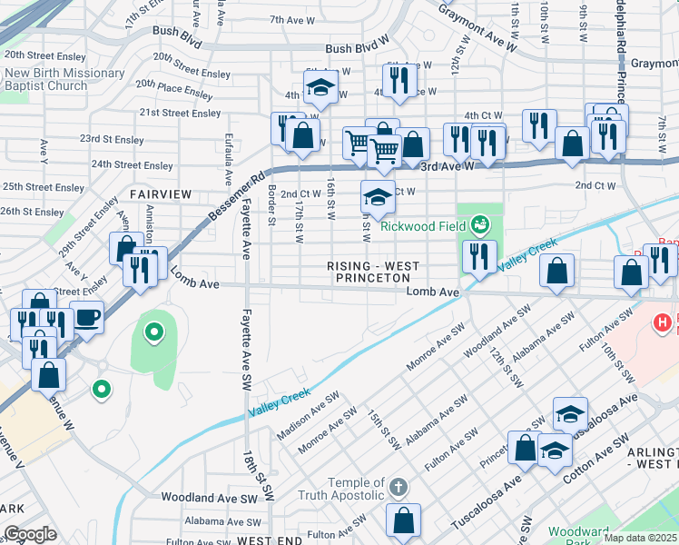 map of restaurants, bars, coffee shops, grocery stores, and more near 1513 1st Avenue West in Birmingham
