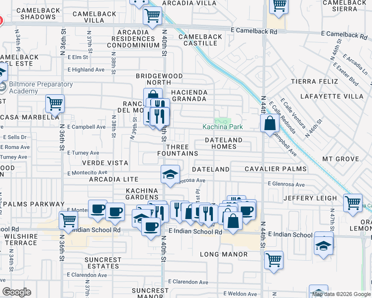 map of restaurants, bars, coffee shops, grocery stores, and more near 4411 North 40th Street in Phoenix