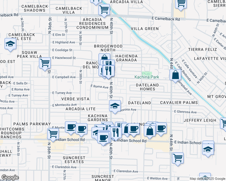 map of restaurants, bars, coffee shops, grocery stores, and more near 4401 North 40th Street in Phoenix
