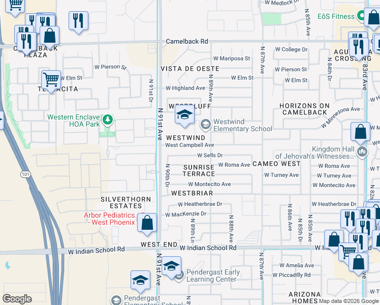 map of restaurants, bars, coffee shops, grocery stores, and more near 8940 West Sells Drive in Phoenix
