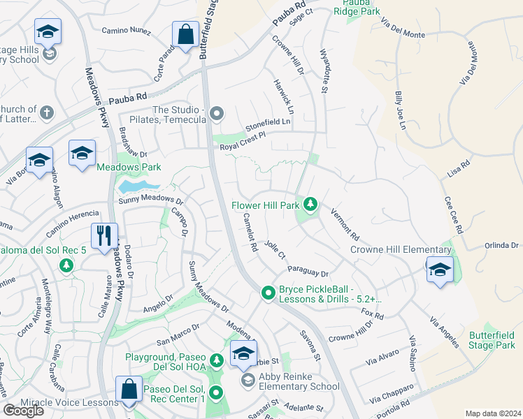 map of restaurants, bars, coffee shops, grocery stores, and more near 42621 Hussar Court in Temecula