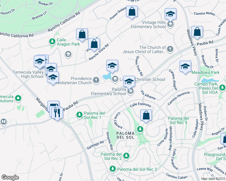 map of restaurants, bars, coffee shops, grocery stores, and more near Pauba Road in Temecula