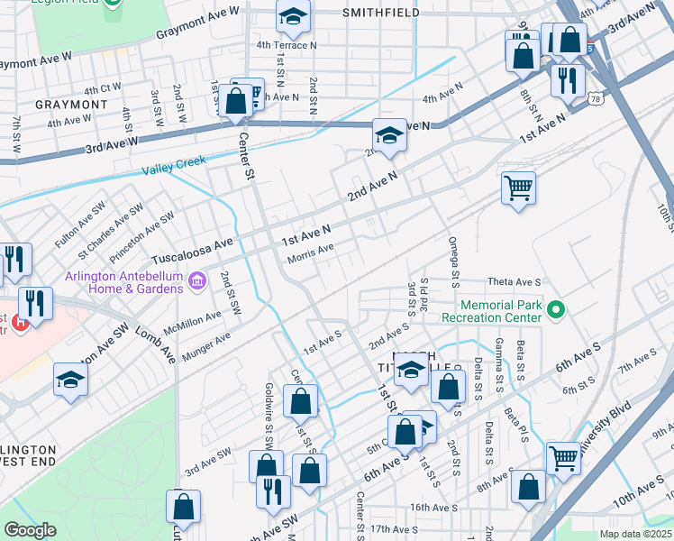 map of restaurants, bars, coffee shops, grocery stores, and more near 16 1st Pl N in Birmingham