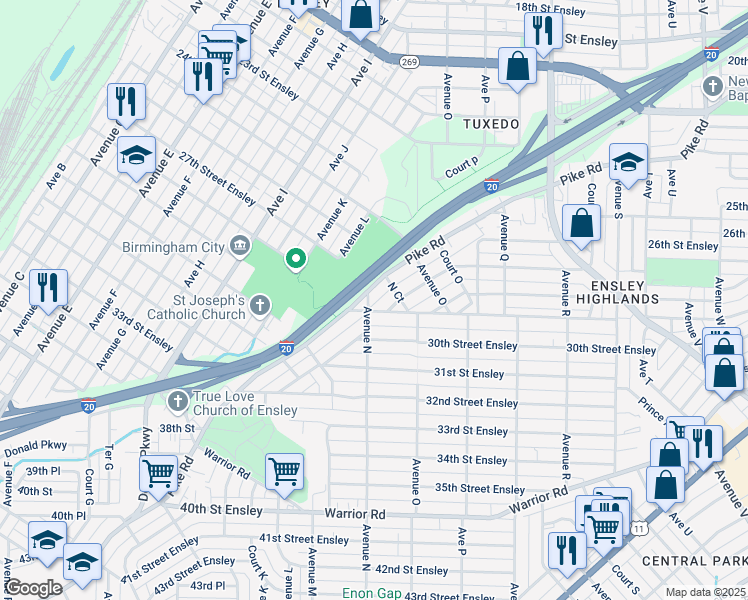 map of restaurants, bars, coffee shops, grocery stores, and more near 2805 Avenue North in Birmingham