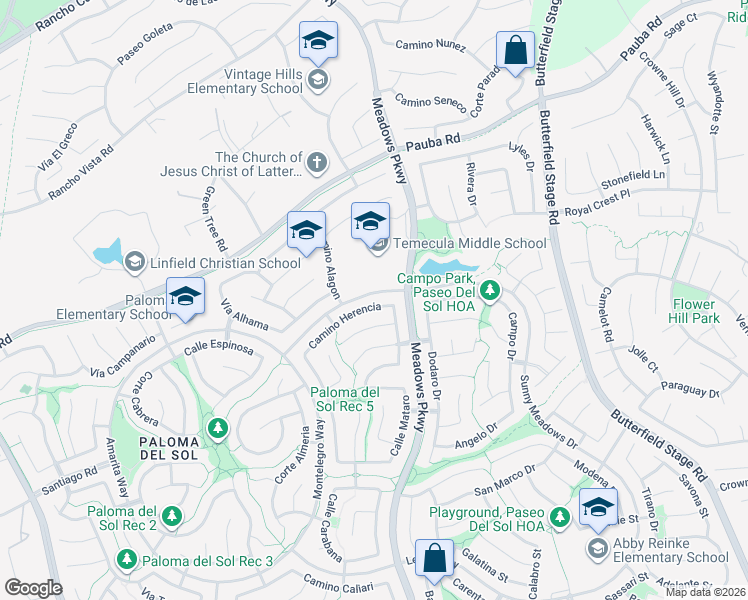 map of restaurants, bars, coffee shops, grocery stores, and more near 32240 Camino Herencia in Temecula