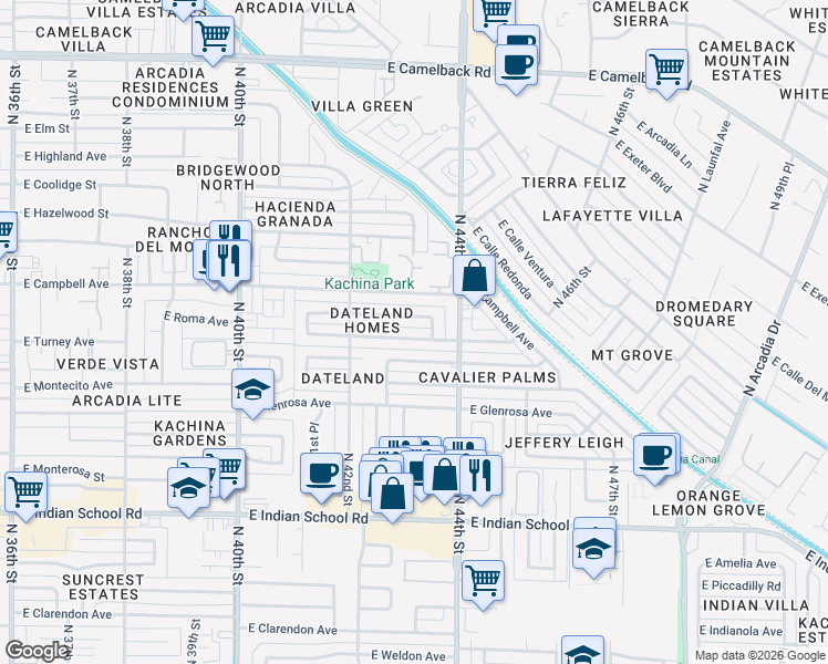 map of restaurants, bars, coffee shops, grocery stores, and more near 4308 East Roma Avenue in Phoenix