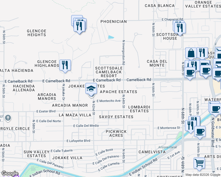 map of restaurants, bars, coffee shops, grocery stores, and more near 6243 East Camelback Road in Scottsdale