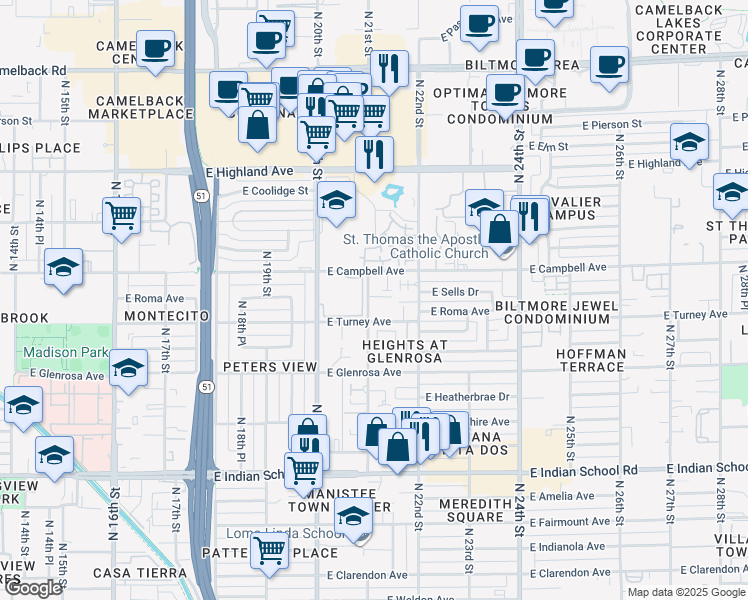 map of restaurants, bars, coffee shops, grocery stores, and more near 4417 North 21st Street in Phoenix