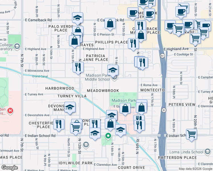 map of restaurants, bars, coffee shops, grocery stores, and more near 4428 North 13th Place in Phoenix