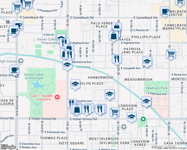 map of restaurants, bars, coffee shops, grocery stores, and more near 1007 East Roma Avenue in Phoenix