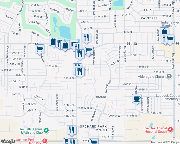 map of restaurants, bars, coffee shops, grocery stores, and more near 10203 Peoria Avenue in Lubbock