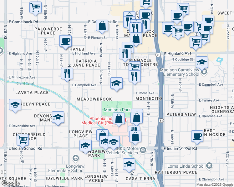 map of restaurants, bars, coffee shops, grocery stores, and more near 1431 East Campbell Avenue in Phoenix