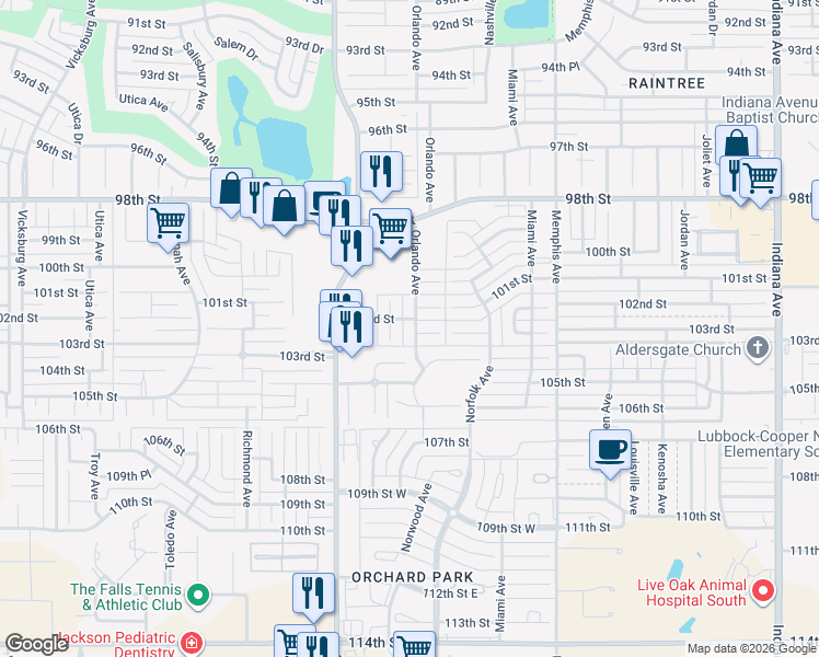 map of restaurants, bars, coffee shops, grocery stores, and more near 10203 Peoria Avenue in Lubbock