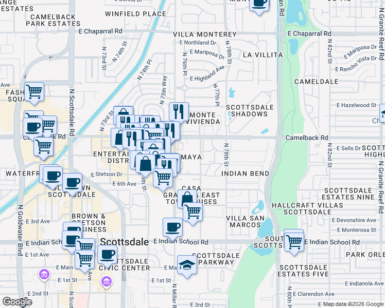 map of restaurants, bars, coffee shops, grocery stores, and more near in Scottsdale