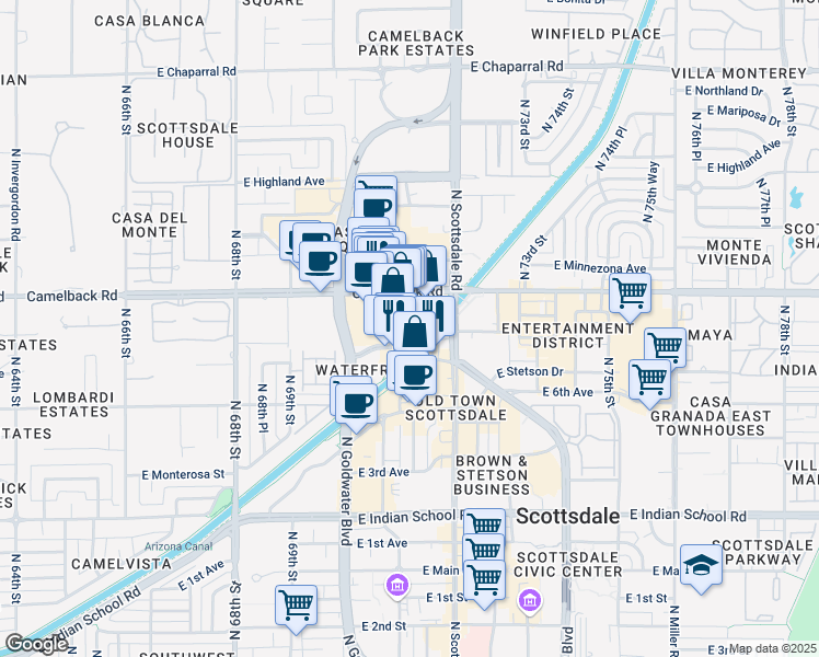 map of restaurants, bars, coffee shops, grocery stores, and more near 165 North Marshall Way in Scottsdale