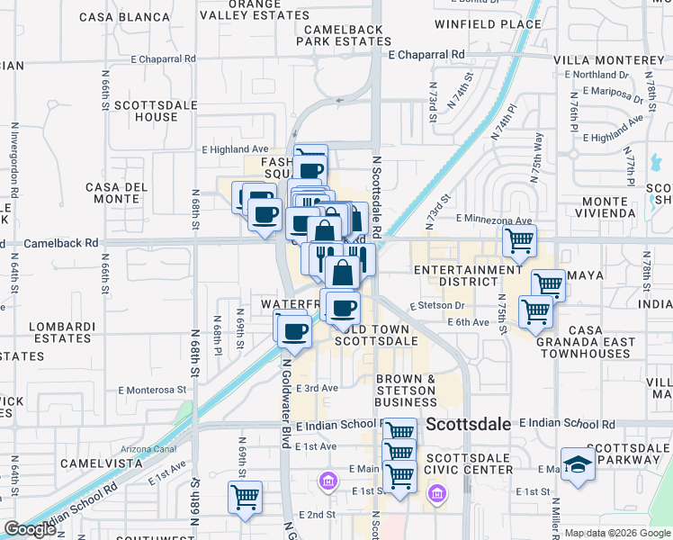 map of restaurants, bars, coffee shops, grocery stores, and more near 165 North Marshall Way in Scottsdale