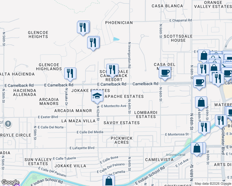 map of restaurants, bars, coffee shops, grocery stores, and more near 6243 East Camelback Road in Scottsdale
